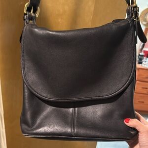 Vintage Coach Black Leather Messenger Bag with Brass Hardware